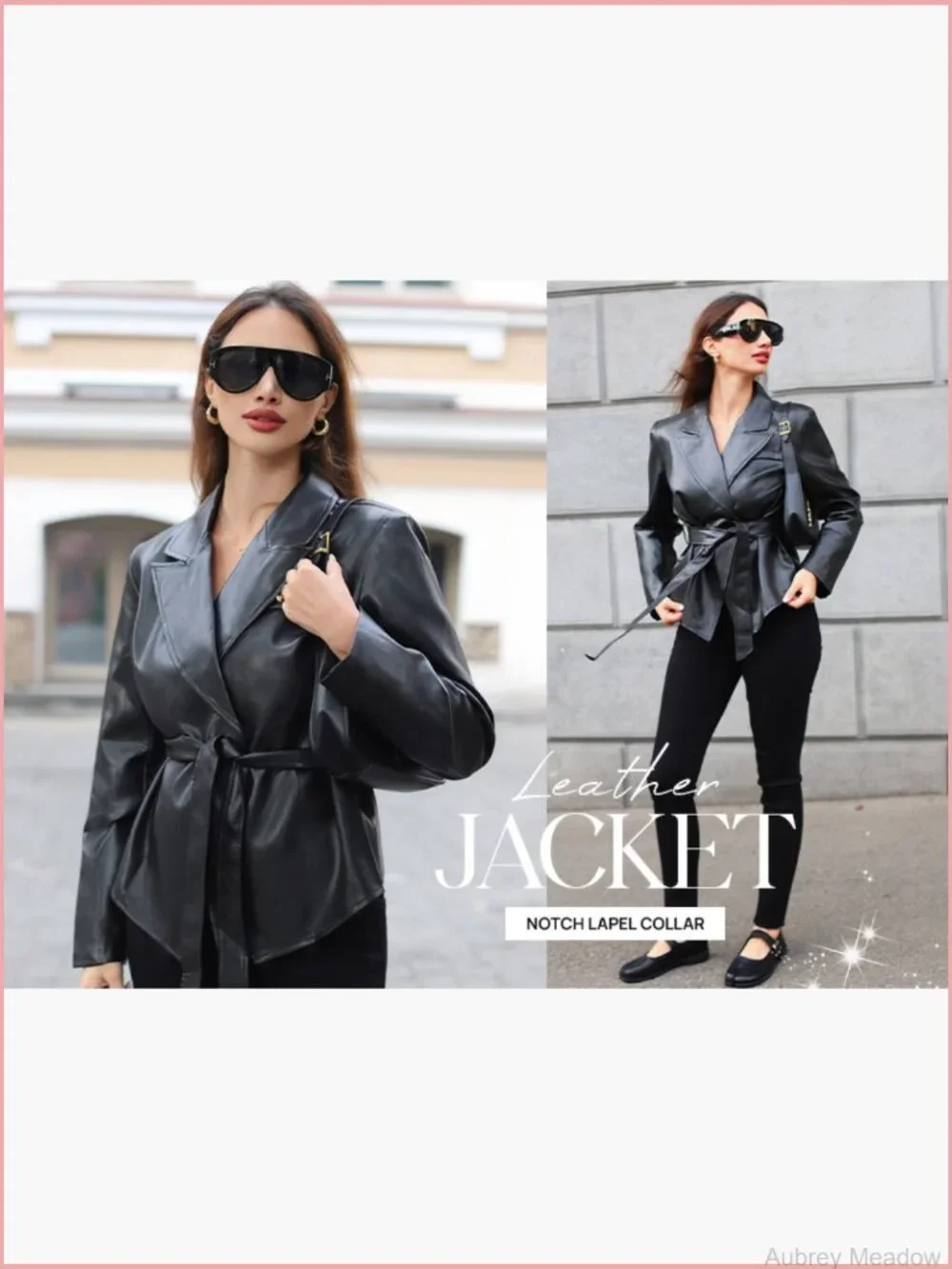 Faux Leather Blazer Jacket with Removable Belt Button Down Notch Lapel